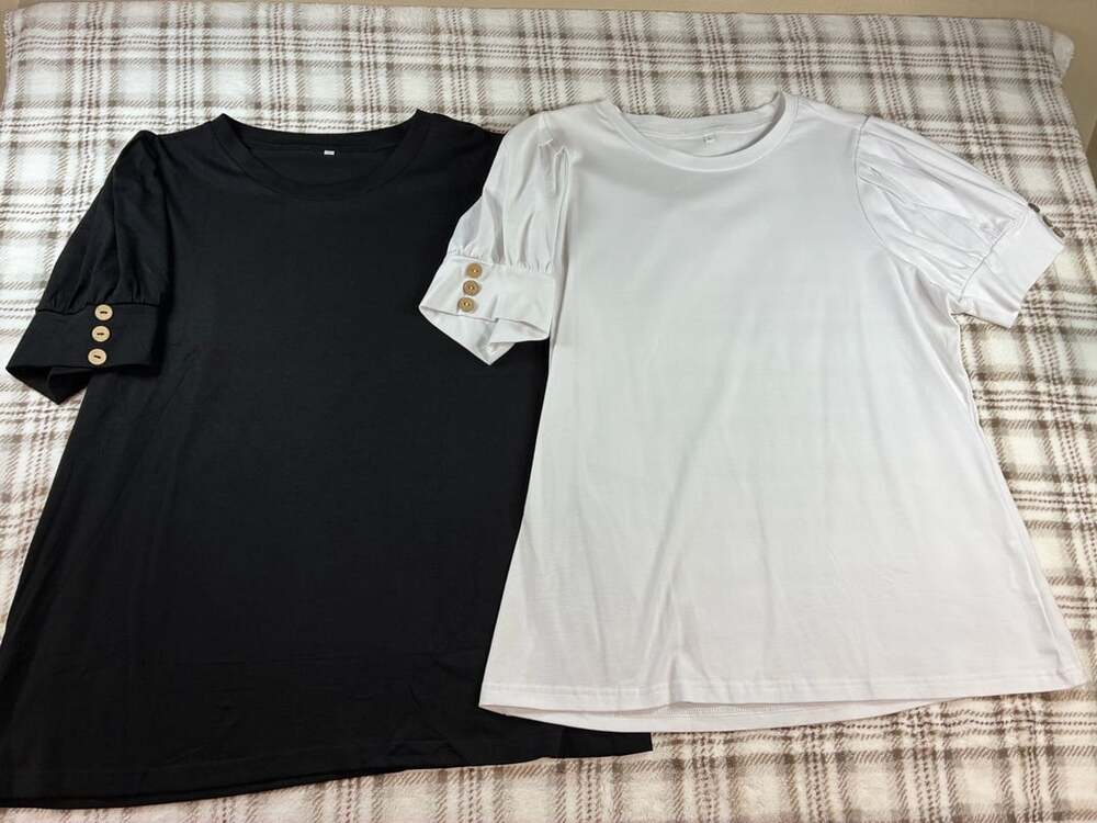 Puff Sleeve Short Sleeve Button Cuff Top, Size L Set of 2.